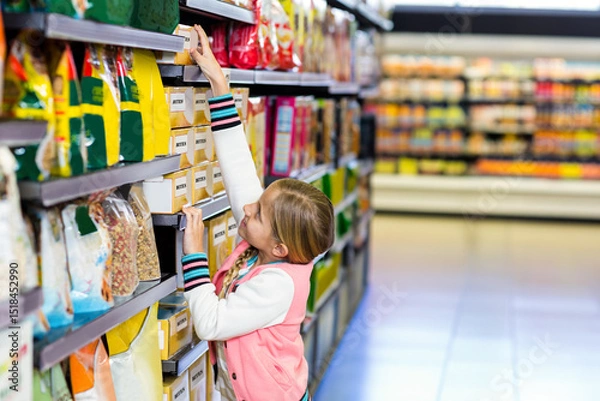 Obraz Child reaching for boxed cereal on high supermarket shelf with grains and nuts, polished tile floor