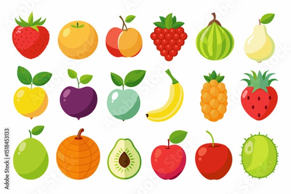 Fototapeta Colorful Flat Design Fruit Illustrations Collection various fruits vibrant colors fruit illustration design flat colorful apple orange strawberry banana peach pear watermelon raspberry plum kiwi