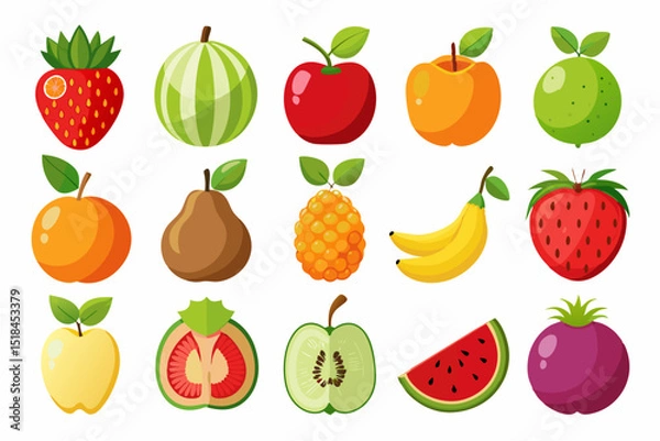 Fototapeta Collection of Colorful Cartoon Fruits Flat illustration various whole and sliced fruits fruits fruit illustration cartoon fruits apple watermelon strawberry banana pear kiwi pineapple apricot