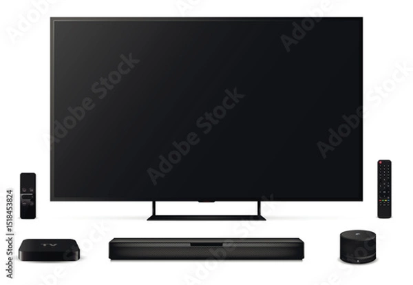 Obraz Realistic smart tv with remote control, sound bar, set-top box and smart speaker