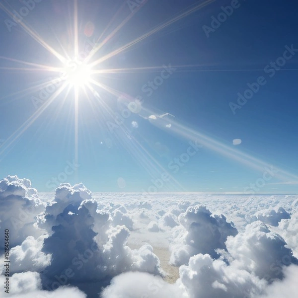 Fototapeta Sun Rays and White Clouds on a Clear Blue Sky – Natural Light Concept