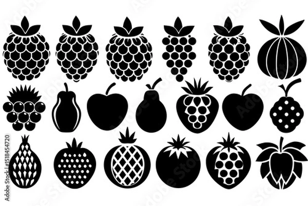 Obraz Collection of Black and White Fruit Icons Silhouette icons various fruits berries including raspberries grapes pears apples strawberries pineapples more fruit berries raspberries grapes pears