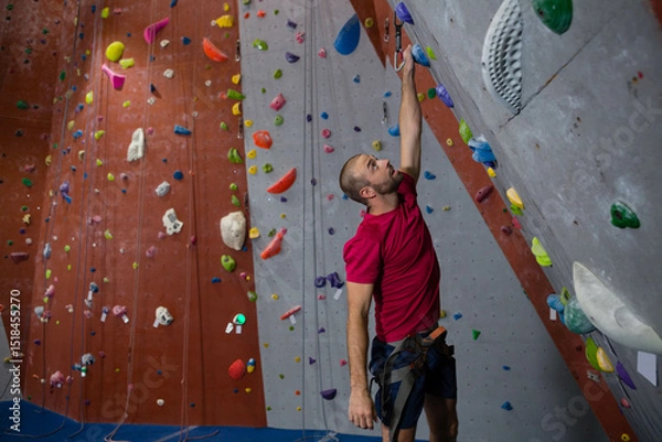 Fototapeta Climber scaling wall inside gym, using harness and rope with colorful holds on padded floor
