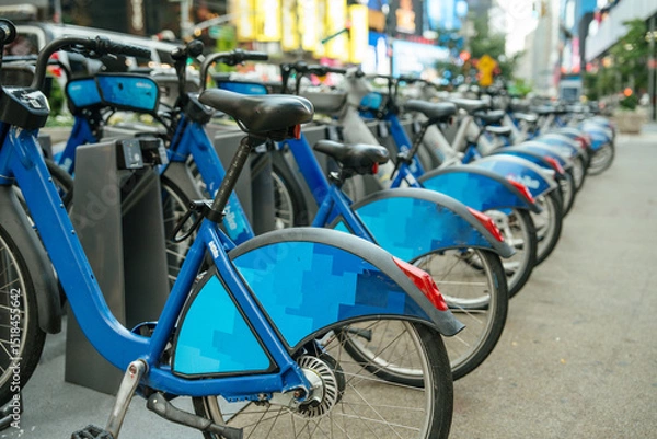 Obraz A row of blue public rental bikes is neatly lined up at a docking station on a busy city sidewalk. The background reveals blurred traffic, lights, and tall buildings, suggesting a vibrant urban