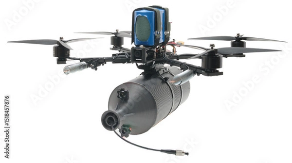 Obraz FPV drone with propellers and camera. Drone in the air on a white background. Isolate fpy drone. Drone front view.