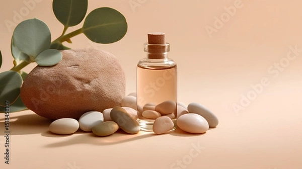 Fototapeta Three bottles of essential oil stand on the table, containing cosmetics fluid