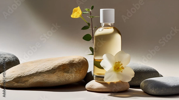 Fototapeta Three bottles of essential oil stand on the table, containing cosmetics fluid