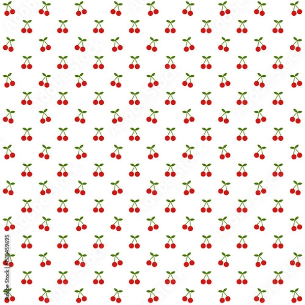 Obraz Seamless pattern with red cherry and green leaves on white background.Surface for textile.Decoration ornament.Wrapping paper.Summer or spring.Geometric.Vector illustration.