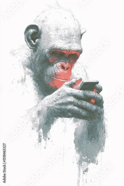 Fototapeta Homo erectus focused on smartphone screen with glowing red light in minimalist style