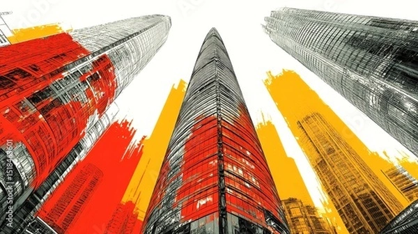 Fototapeta Towering skyscrapers in bold red and orange stripes create a stunning visual statement