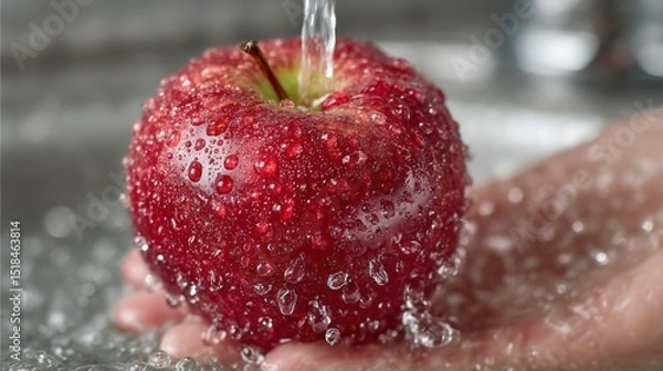Fototapeta Washing a shiny red apple under running water in a minimalist kitchen sink