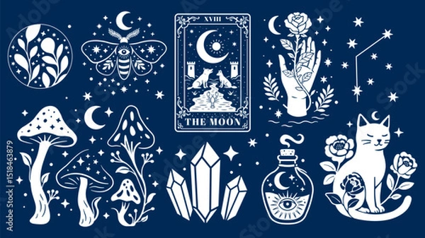 Fototapeta Mystical Boho Bundle – Celestial Witchy Elements with Moon, Tarot Card, Cat, Crystals, Mushrooms, Constellations, Hand, Floral Magic, Eyes, and Potions – Spiritual Esoteric Clip Art Set vector art