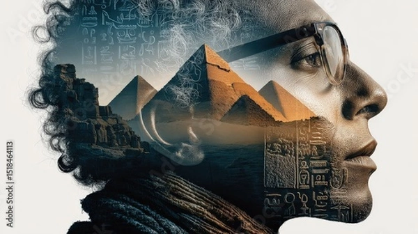 Fototapeta Double exposure silhouette of an Egyptian man blends history with cultural symbols