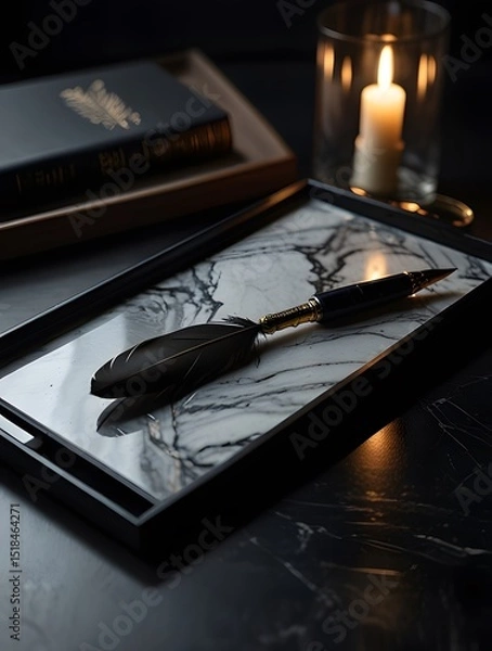 Obraz Quill Pen and Marble Tray with Candles in Dark, Moody Setting
