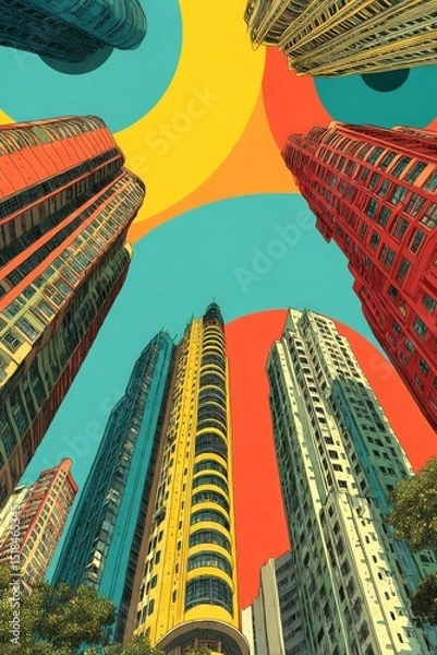 Fototapeta Views of skyscrapers in vibrant  style against a pastel backdrop