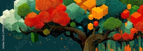 Fototapeta Graphic tree design featuring geometric shapes and vibrant colors against dark backdrop