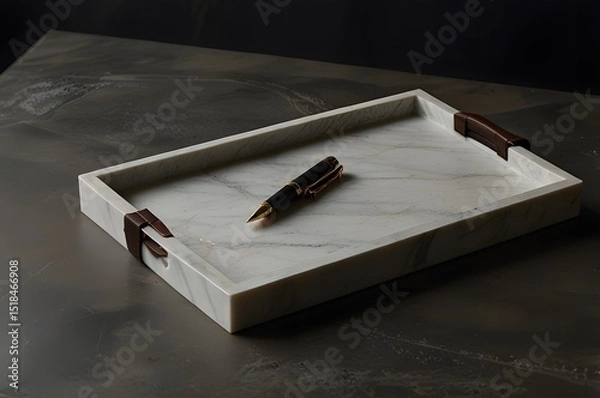 Obraz Modern White Marble Tray with Elegant Pen and Gold Accents
