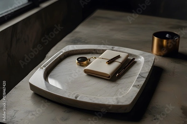 Obraz Luxury Flat Lay with Notebook, Pen, Ring on Marble Tray
