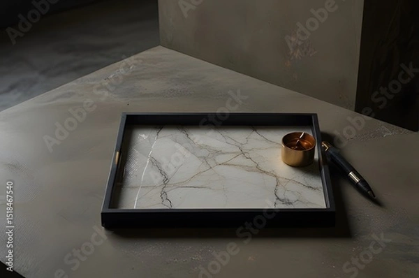 Obraz Elegant Marble Tray with Gold Ring on Dark Background
