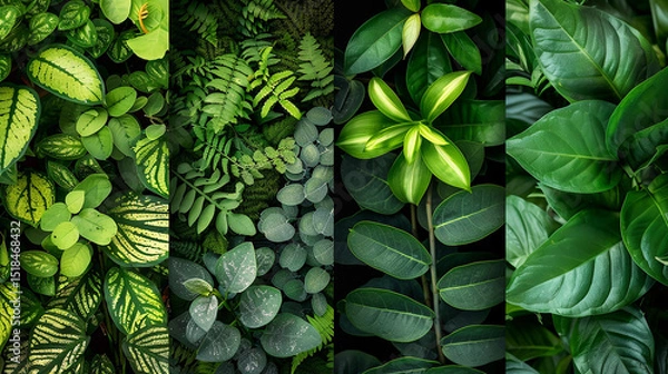 Fototapeta A collage of various green plant leaves with different shapes and textures. This image could be used as a keyword suggestion for nature content.