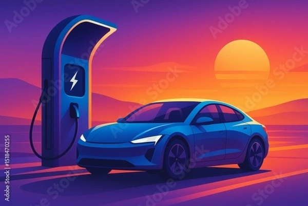 Fototapeta Futuristic EV Charging Station at Sunset – Modern Tech Illustration

