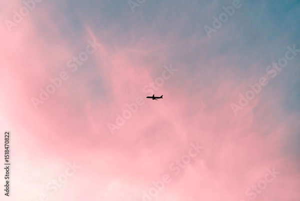 Fototapeta Passenger plane flying high in beautiful pink and blue pastel sunset or sunrise sky with wispy cirrus clouds, creating a dreamy and romantic travel concept