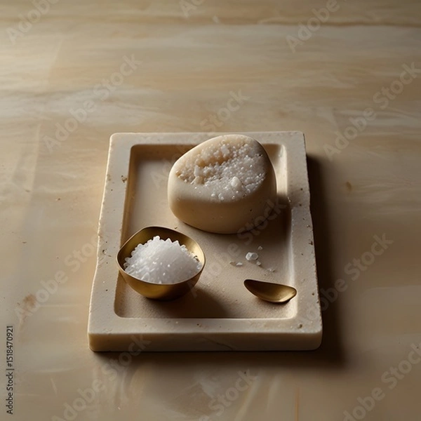 Obraz Natural Handmade Soap and Salt on Beige Marble Tray
