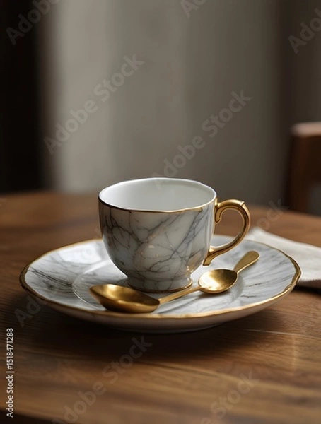 Obraz Elegant Coffee Cup with Gold Rim and Spoon on Marble Plate
