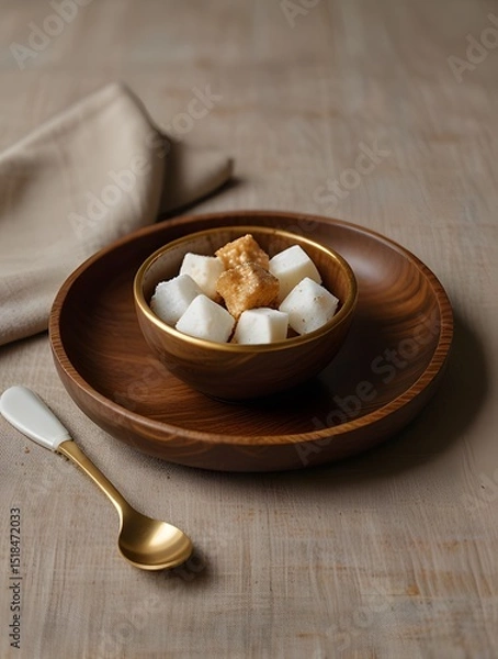 Obraz Sugar Cubes and Butter on Wooden Bowl and Plate

