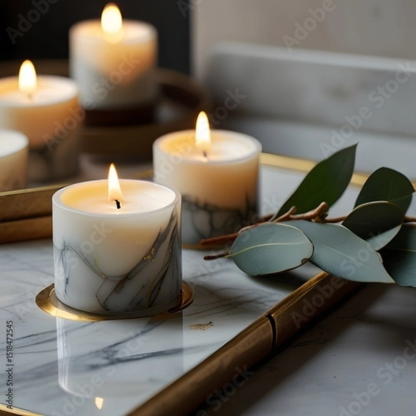 Obraz Hygge Ambiance with Glowing Candles and Eucalyptus on Marble
