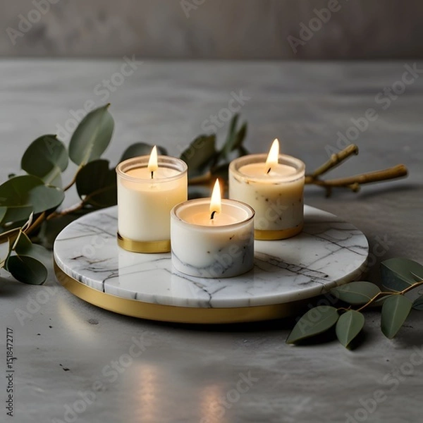 Obraz Cozy Aesthetic with Lit Candles and Greenery on Marble Tray
