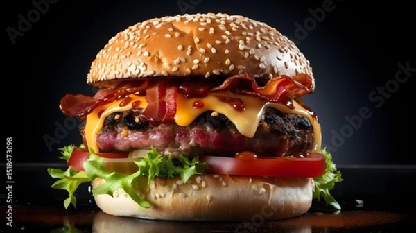 Fototapeta Mouthwatering Burger Delight: A high-angle, appetizing image of a gourmet burger, a symphony of flavors and textures, ready to satisfy the palate with its fresh ingredients, crispy bacon.