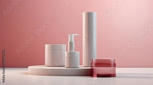 Fototapeta Elegant Beauty Essentials: A minimalist product presentation showcasing a curated selection of cosmetic containers set against a soft, gradient backdrop.