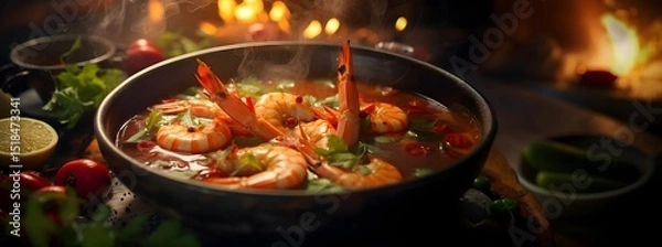 Fototapeta Aromatic Shrimp Stew: A close-up shot of a sizzling pan, the scene is a symphony of vibrant colors and textures, with succulent shrimp. The rich broth simmers.