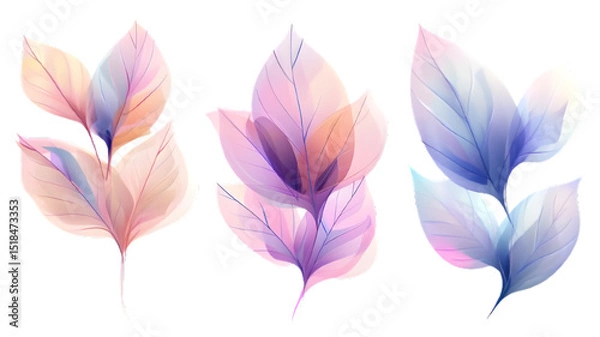 Fototapeta Elegant Watercolor Leaves: Delicate, translucent leaves in a palette of soft pastel colors create a serene and artistic display, perfect for adding a touch of natural beauty and artistic flair.