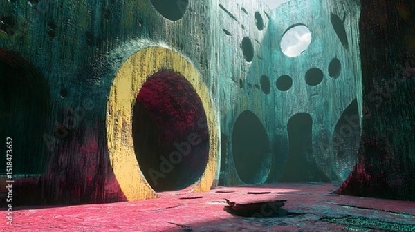 Fototapeta Abstract Cave: An enigmatic, colorful cave-like structure with circular openings and textured walls, bathed in an ethereal light.  The scene evokes a sense of mystery and wonder.