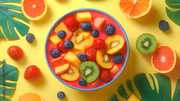 Fototapeta Bursting with Tropical Delight: A vibrant smoothie bowl artfully arranged, boasting a spectrum of fresh fruit and a refreshing aesthetic