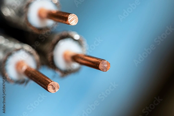 Obraz Coaxial cable with exposed shielding and central conductor, on a dark background, close-up view