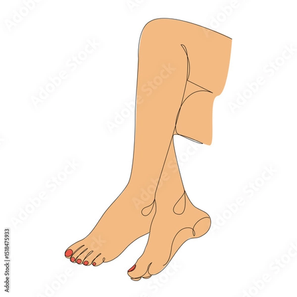Fototapeta Silhouettes of human legs, feet in modern one line style. Red painted nails. Continuous line drawing, stickers, logo. Vector illustration