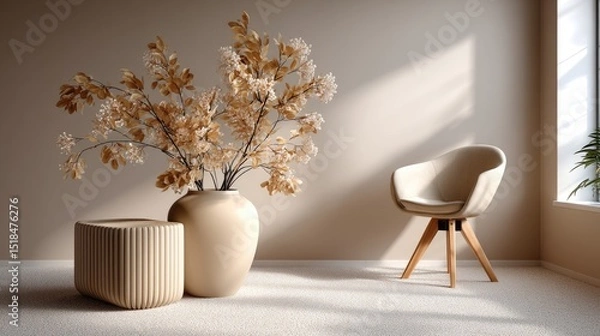 Fototapeta Bright, airy room featuring a cozy armchair, blooming flowers, and a round carpet, creating a tranquil Scandinavian atmosphere