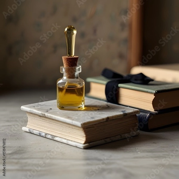 Obraz Vintage Perfume Bottle on Old Books with Ribbon and Soft Light
