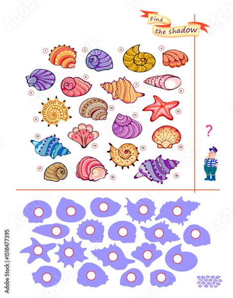 Fototapeta Best puzzles for kids. Can you find the shadow of each sea shell? Write the numbers in circles. Educational game for children. Play online. Task for attentiveness. IQ test. Flat vector illustration.