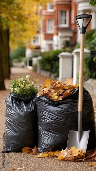 Fototapeta Black garbage bags filled with dead plants sit on the driveway in a rainy English garden surrounded by falling autumn leaves