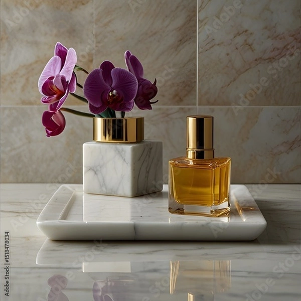 Obraz Luxurious Perfume Bottle with Orchid and Gold Decor on Marble Tray
