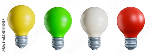 Fototapeta Light bulb icon in different colors isolated on transparent background. 3D render.