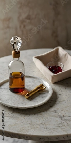 Obraz Whiskey Decanter and Cherries on a White Marble Surface Outdoors
