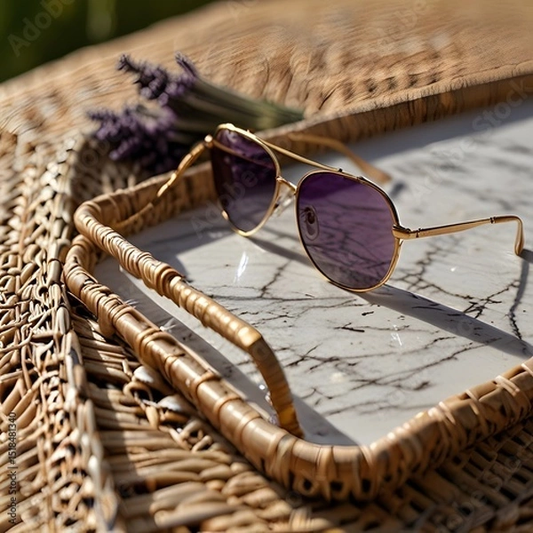 Obraz Chic Sunglasses on a Woven Tray with Lavender in Sunlight
