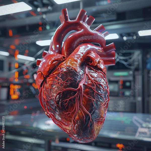 Fototapeta human heart anatomy, A detailed, red heart hovers against a futuristic, laboratory backdrop. This image is likely AI generated, intended to be submitted as stock content.