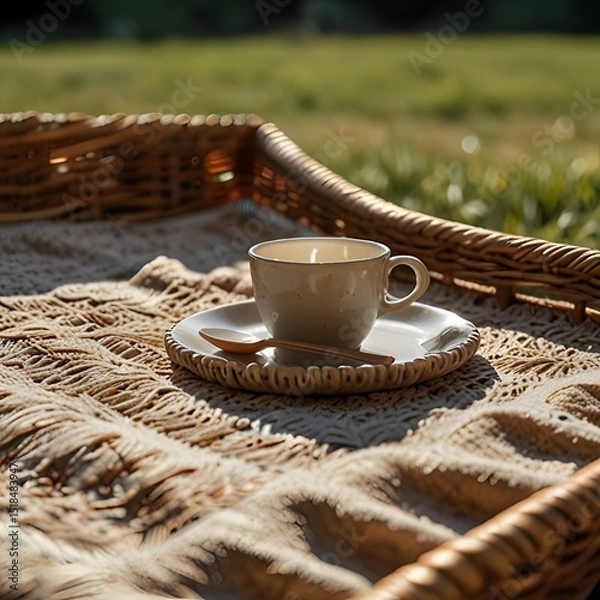 Obraz Tranquil Morning Coffee on a Picnic Blanket in Soft Sunlight

