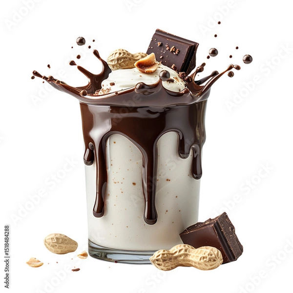 Fototapeta Peanut butter chocolate sauce splash with peanut bits, textured bold art on white, ultra-high resolution, vibrant for gourmet dessert design